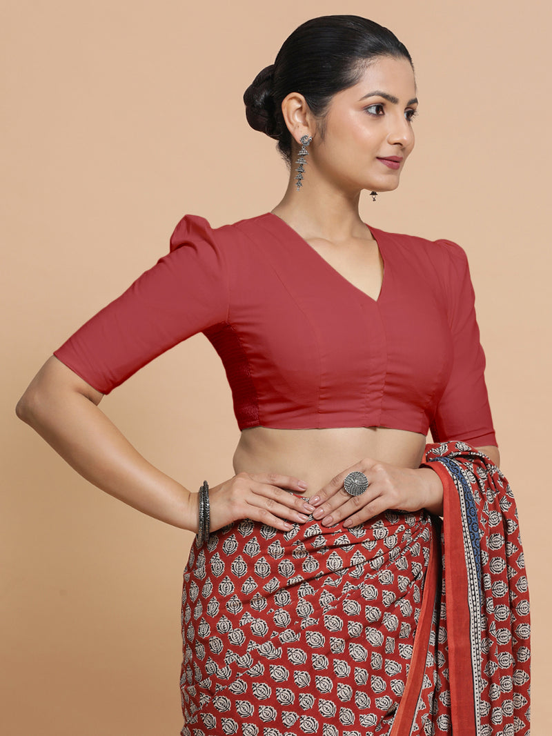 Kriti x Rozaana | Elbow Sleeves Saree Blouse in Carmine Red Plain Cotton-Binks