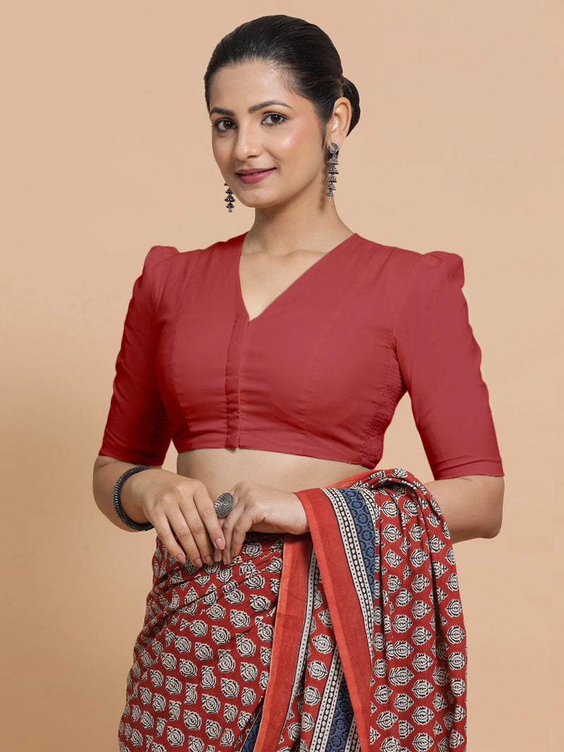 Kriti x Rozaana | Elbow Sleeves Saree Blouse in Carmine Red Plain Cotton-Binks