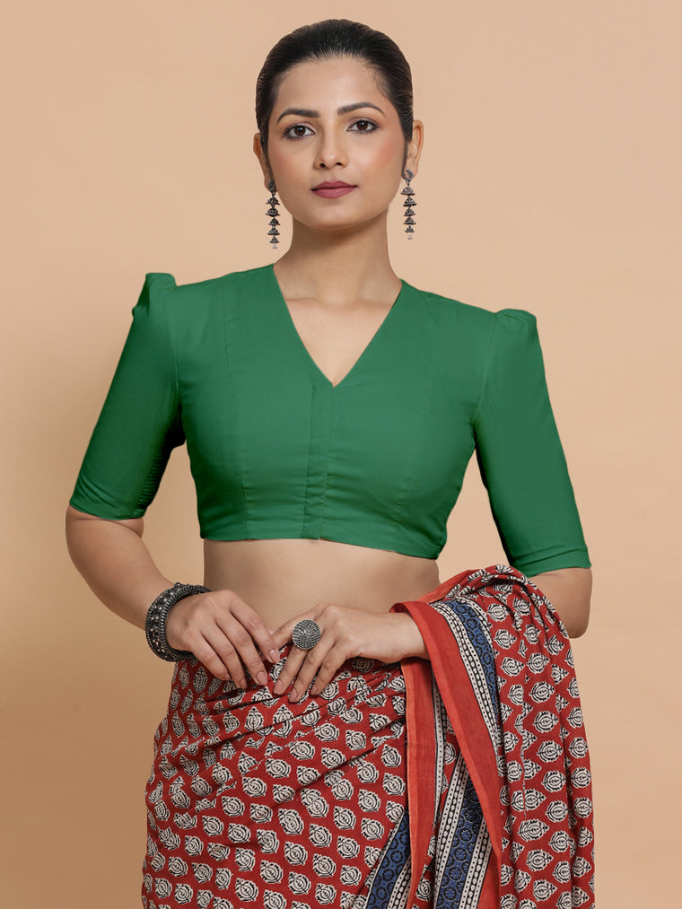 Kriti x Rozaana Saree Blouse, in Green 100% Cotton - Solid, featuring elbow sleeves and v-neckline, made for daily & work.