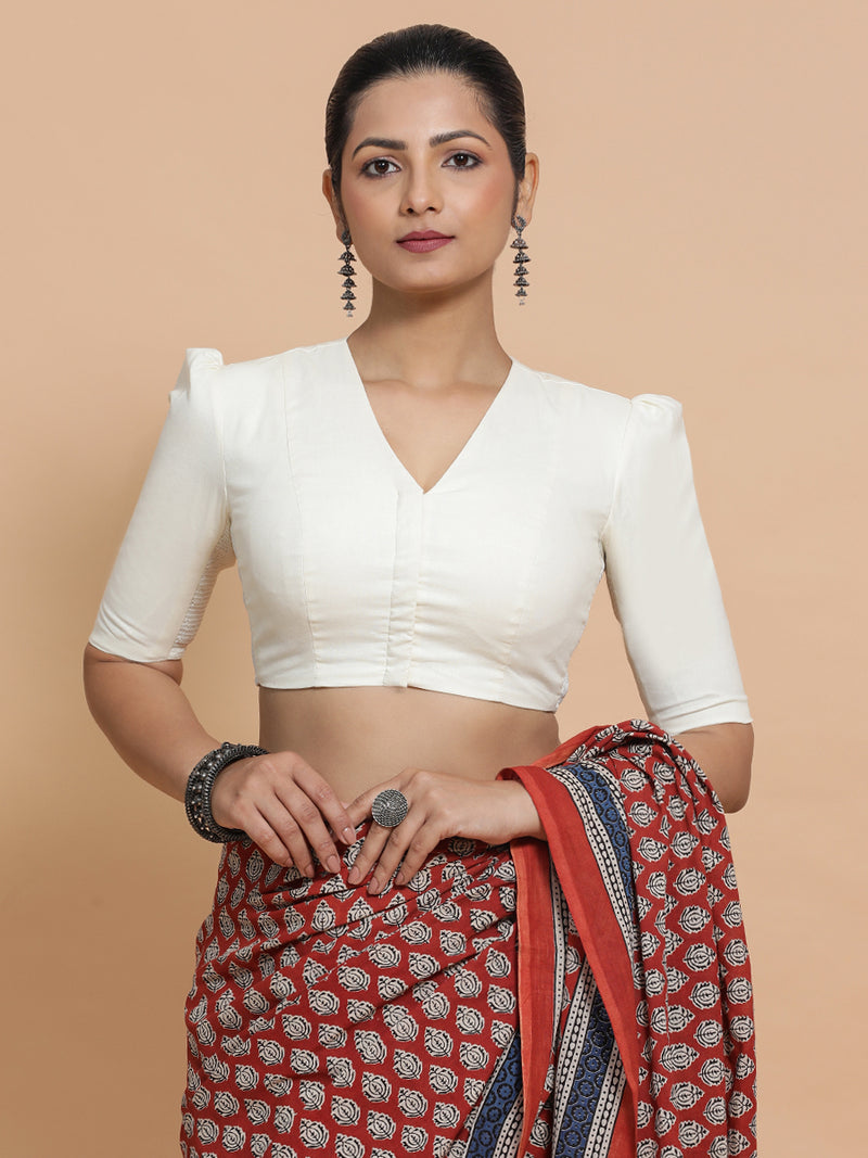 Kriti x Rozaana | V-Neck Ivory Mist Plain Cotton Saree Blouse-Binks