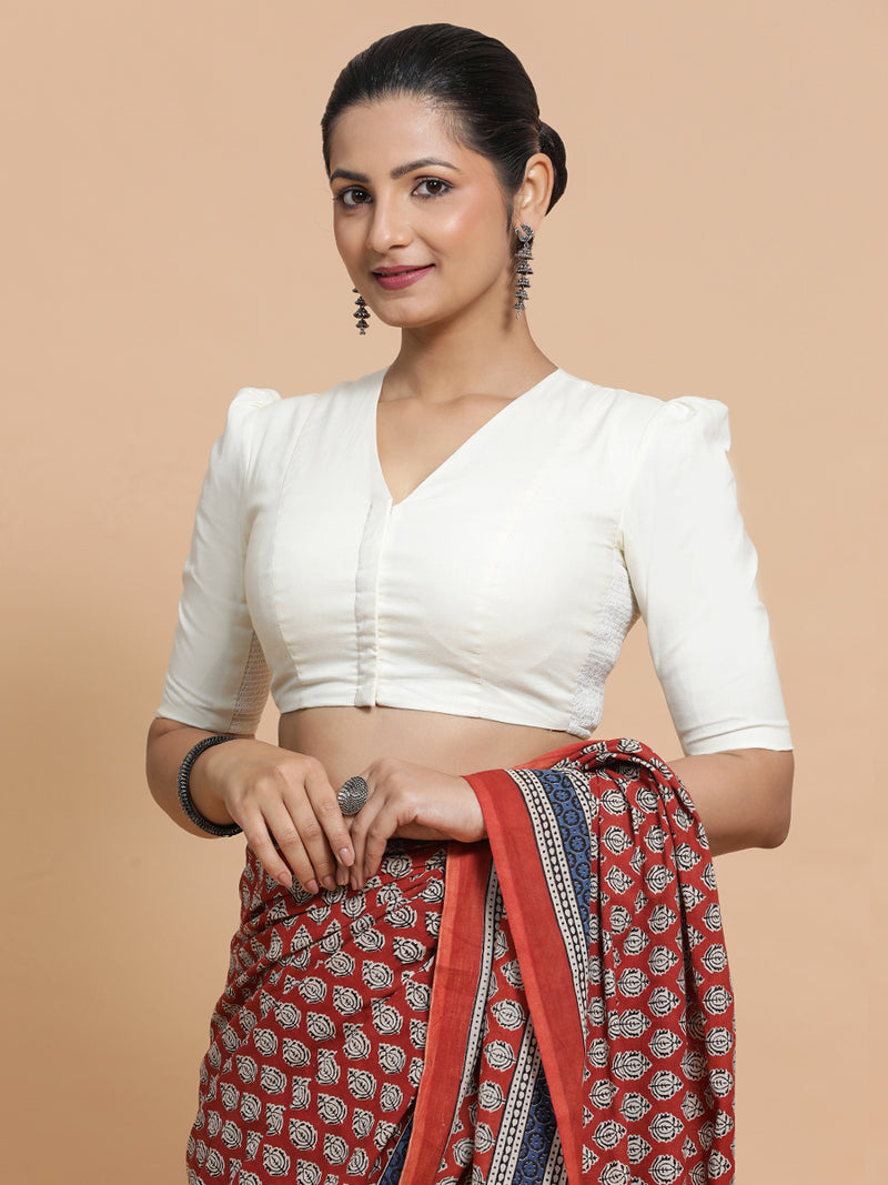 Kriti x Rozaana | V-Neck Ivory Mist Plain Cotton Saree Blouse-Binks