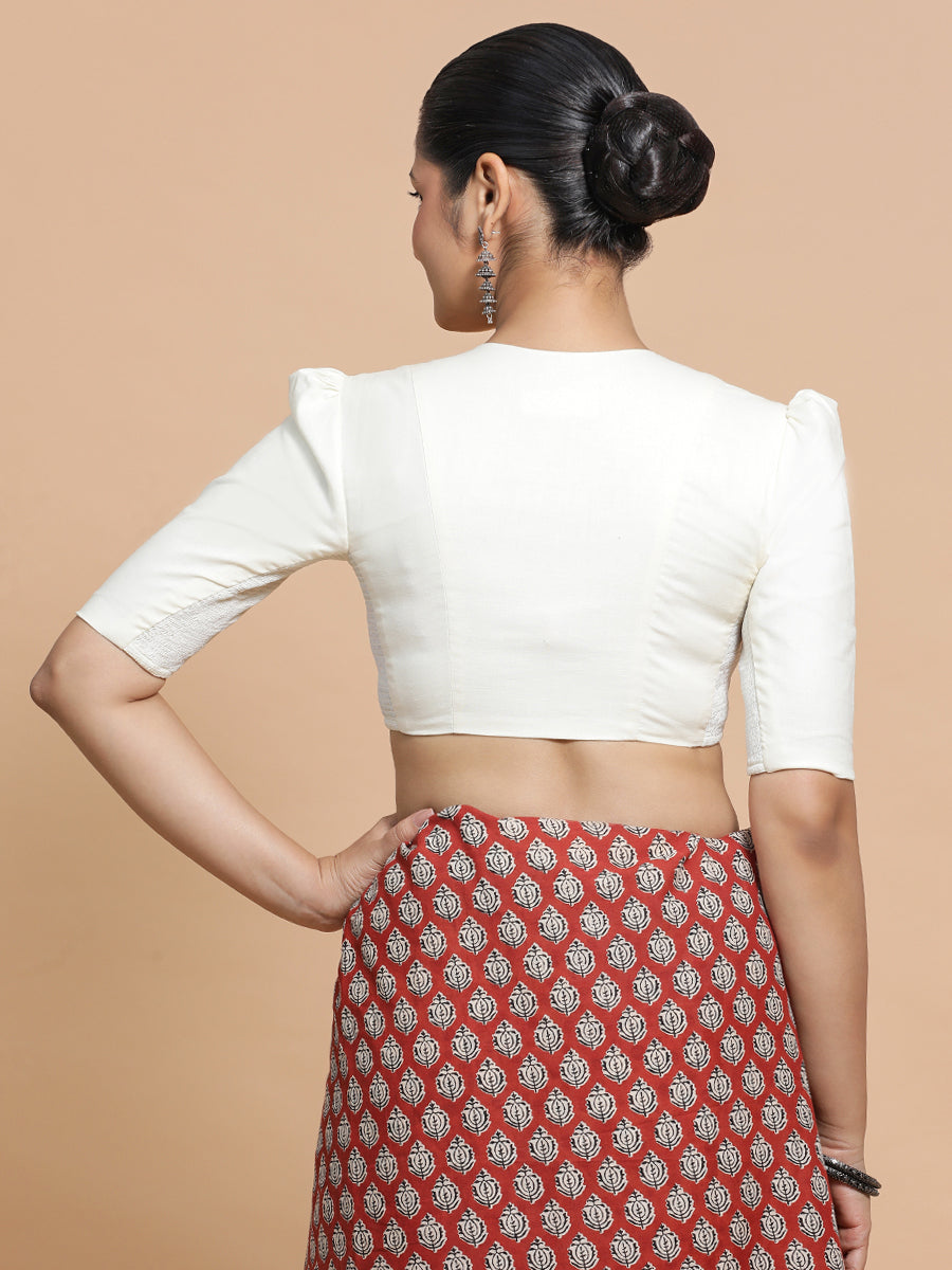 Kriti x Rozaana Saree Blouse, in Cream Cotton, featuring elbow sleeves and v-neckline, made for daily & work (view 2).