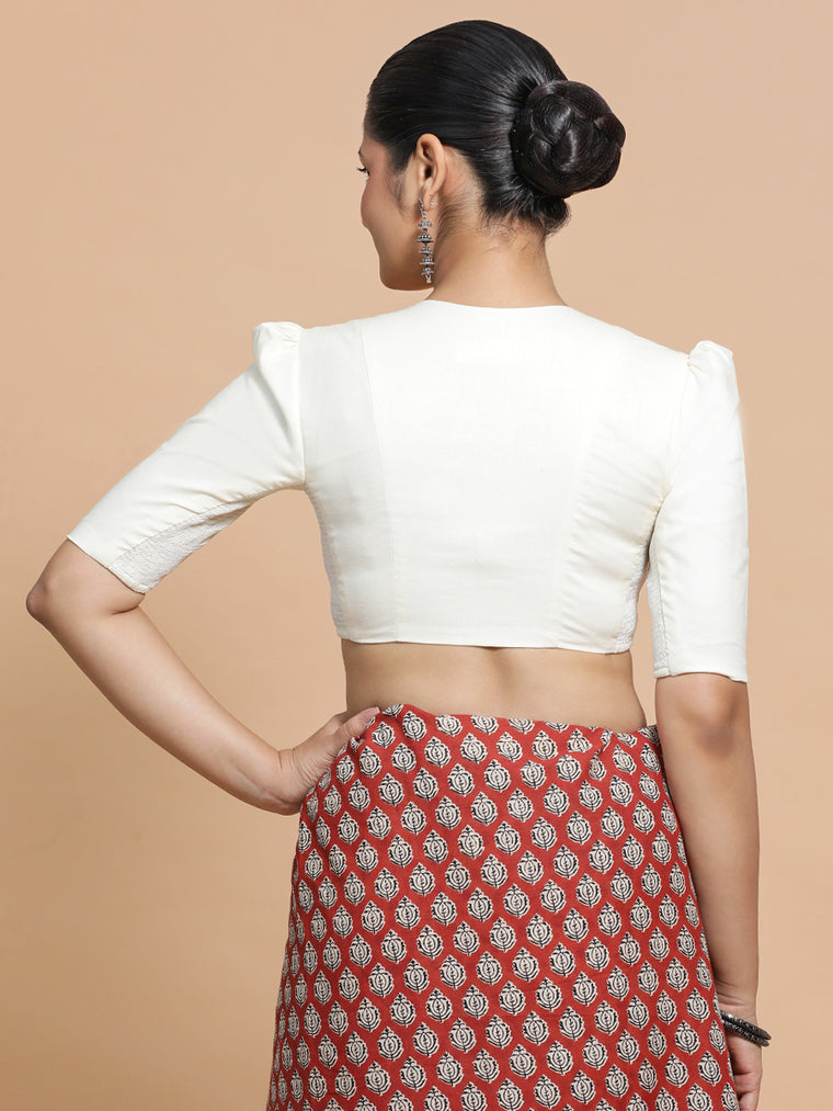 Kriti x Rozaana Saree Blouse, in Cream Cotton, featuring elbow sleeves and v-neckline, made for daily & work (view 2).