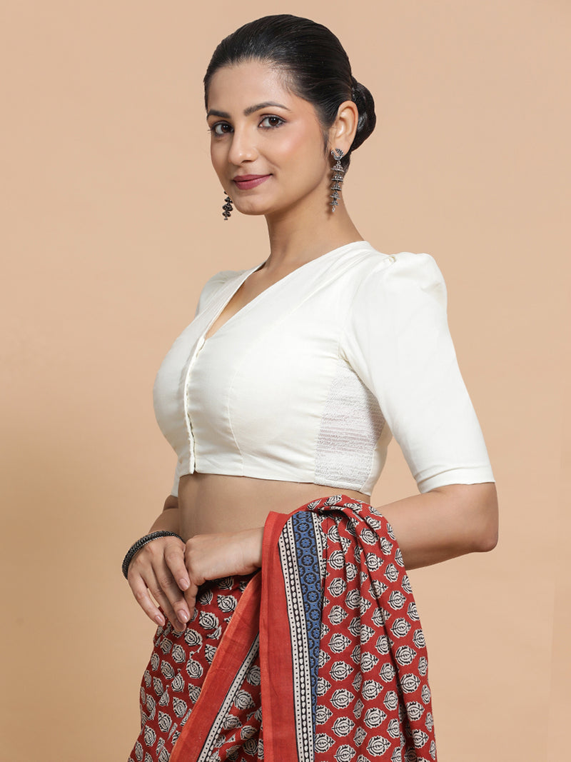 Kriti x Rozaana | V-Neck Ivory Mist Plain Cotton Saree Blouse-Binks