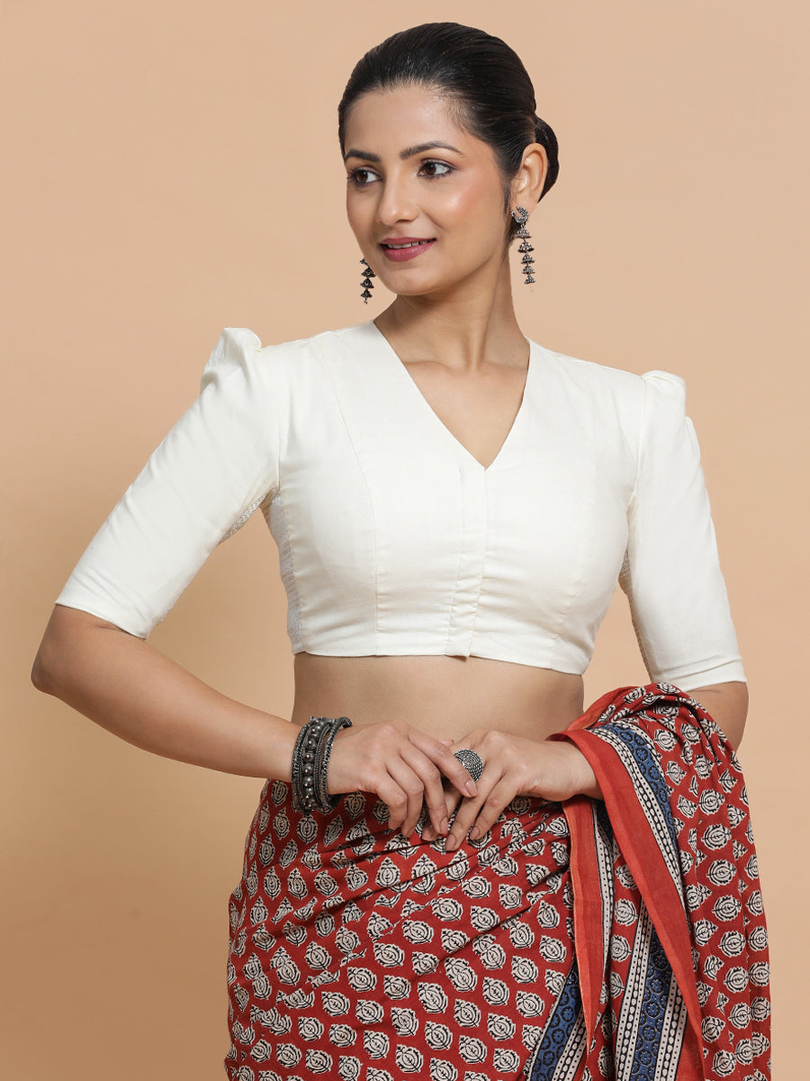 Kriti x Rozaana Saree Blouse, in Cream Cotton, featuring elbow sleeves and v-neckline, made for daily & work (view 6).