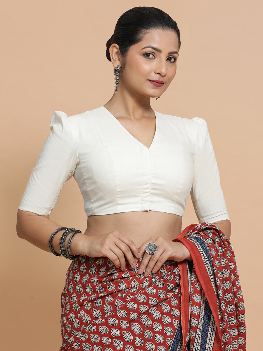 Kriti x Rozaana Saree Blouse, in Cream Cotton, featuring elbow sleeves and v-neckline, made for daily & work (view 8).