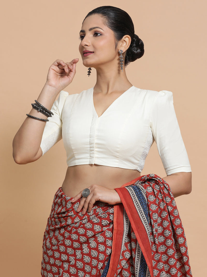 Kriti x Rozaana | V-Neck Ivory Mist Plain Cotton Saree Blouse-Binks