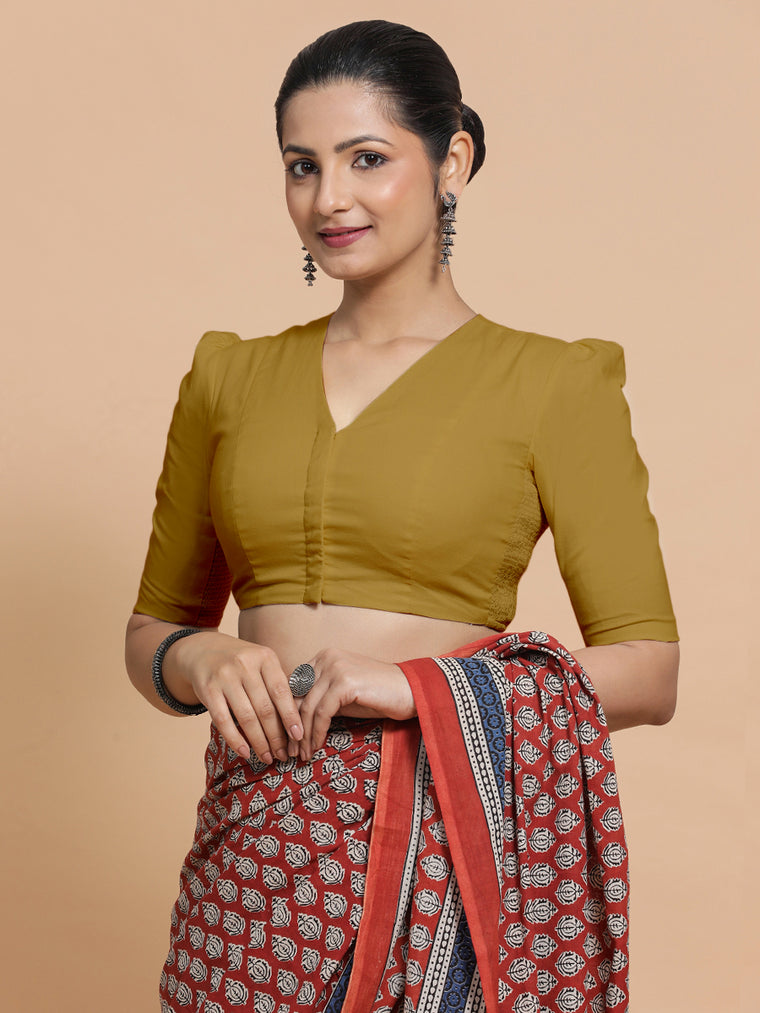 Kriti x Rozaana Saree Blouse, in Beige Cotton, featuring elbow sleeves and v-neckline, made for daily & work.