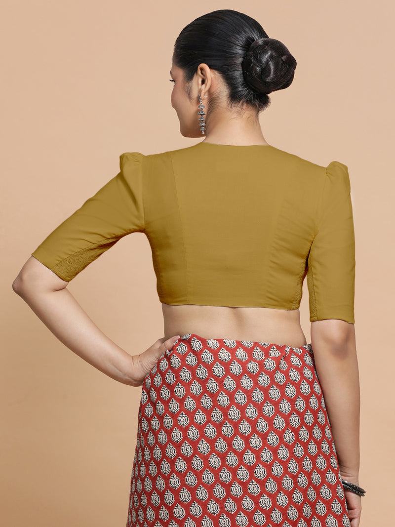 Kriti x Rozaana | V-Neck Khaki Plain Cotton Saree Blouse-Binks