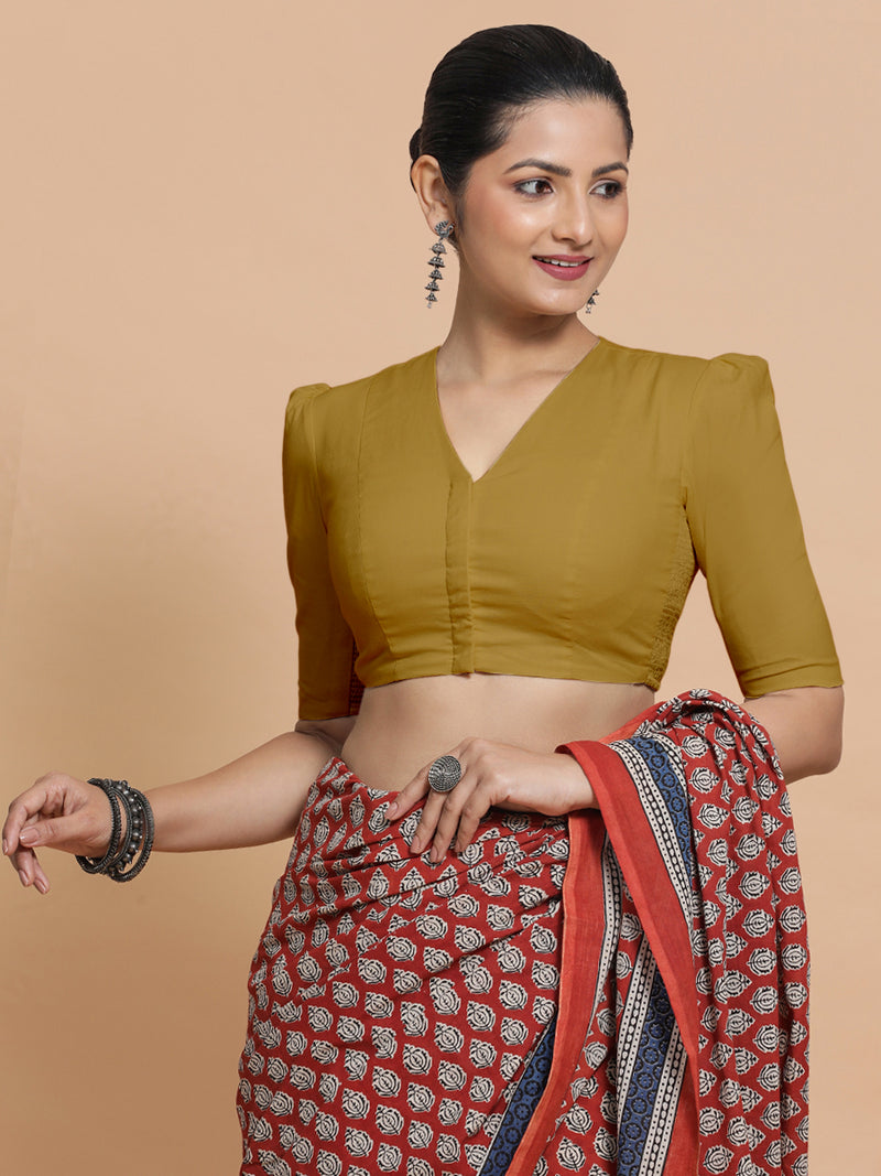 Kriti x Rozaana | V-Neck Khaki Plain Cotton Saree Blouse-Binks