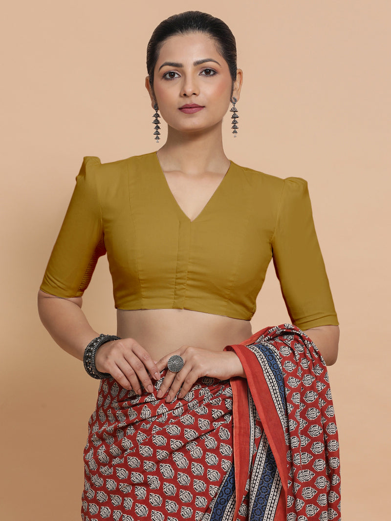 Kriti x Rozaana | V-Neck Khaki Plain Cotton Saree Blouse-Binks