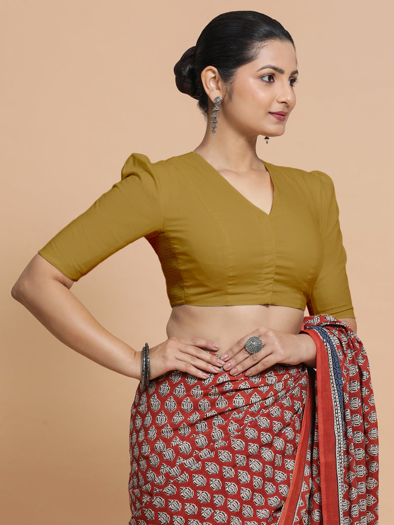 Kriti x Rozaana | V-Neck Khaki Plain Cotton Saree Blouse-Binks