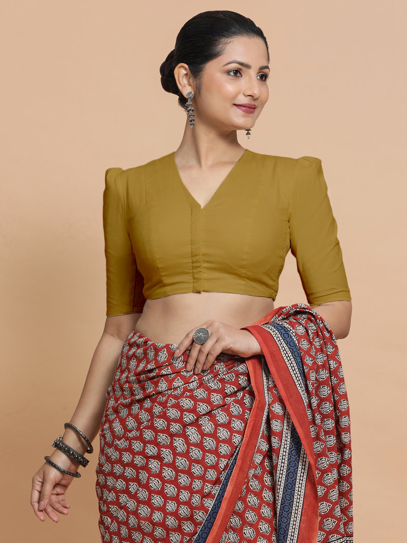 Kriti x Rozaana | V-Neck Khaki Plain Cotton Saree Blouse-Binks