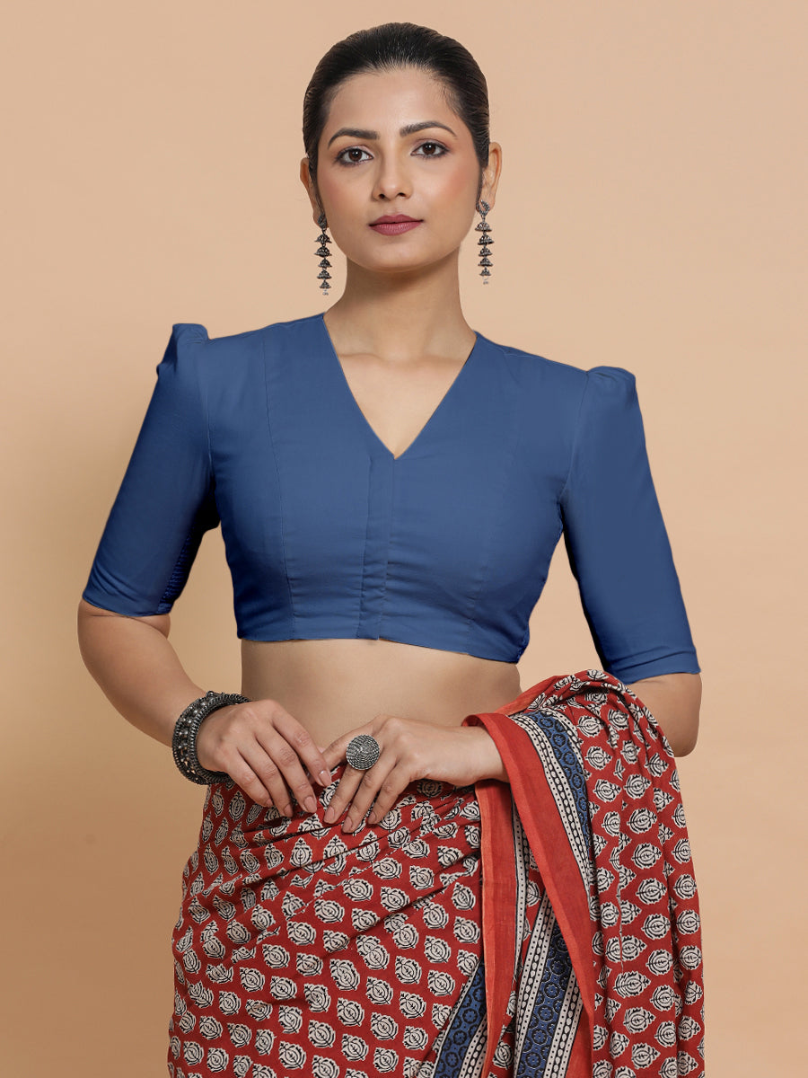 Kriti x Rozaana | Elbow Sleeves Saree Blouse in Lapis Blue Plain Cotton