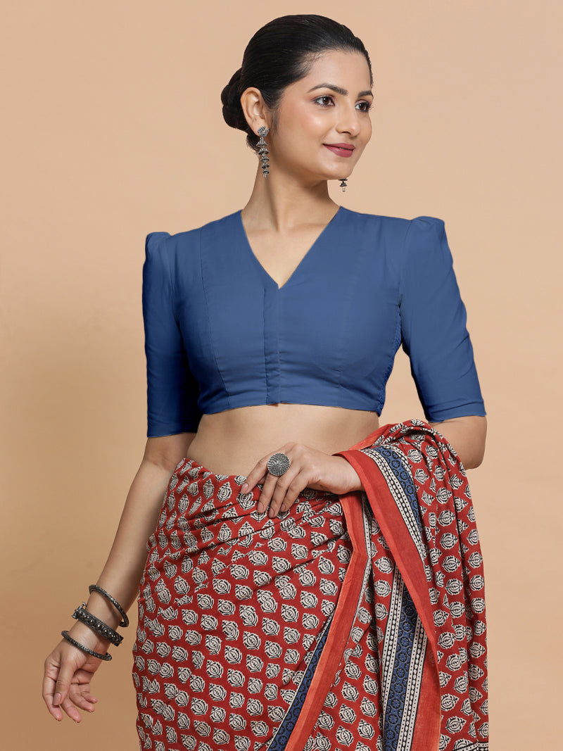 Kriti x Rozaana | Elbow Sleeves Saree Blouse in Lapis Blue Plain Cotton-Binks