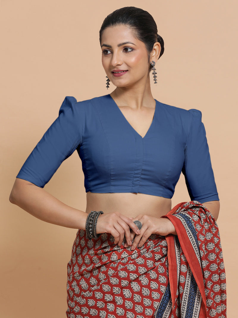 Kriti x Rozaana | Elbow Sleeves Saree Blouse in Lapis Blue Plain Cotton-Binks