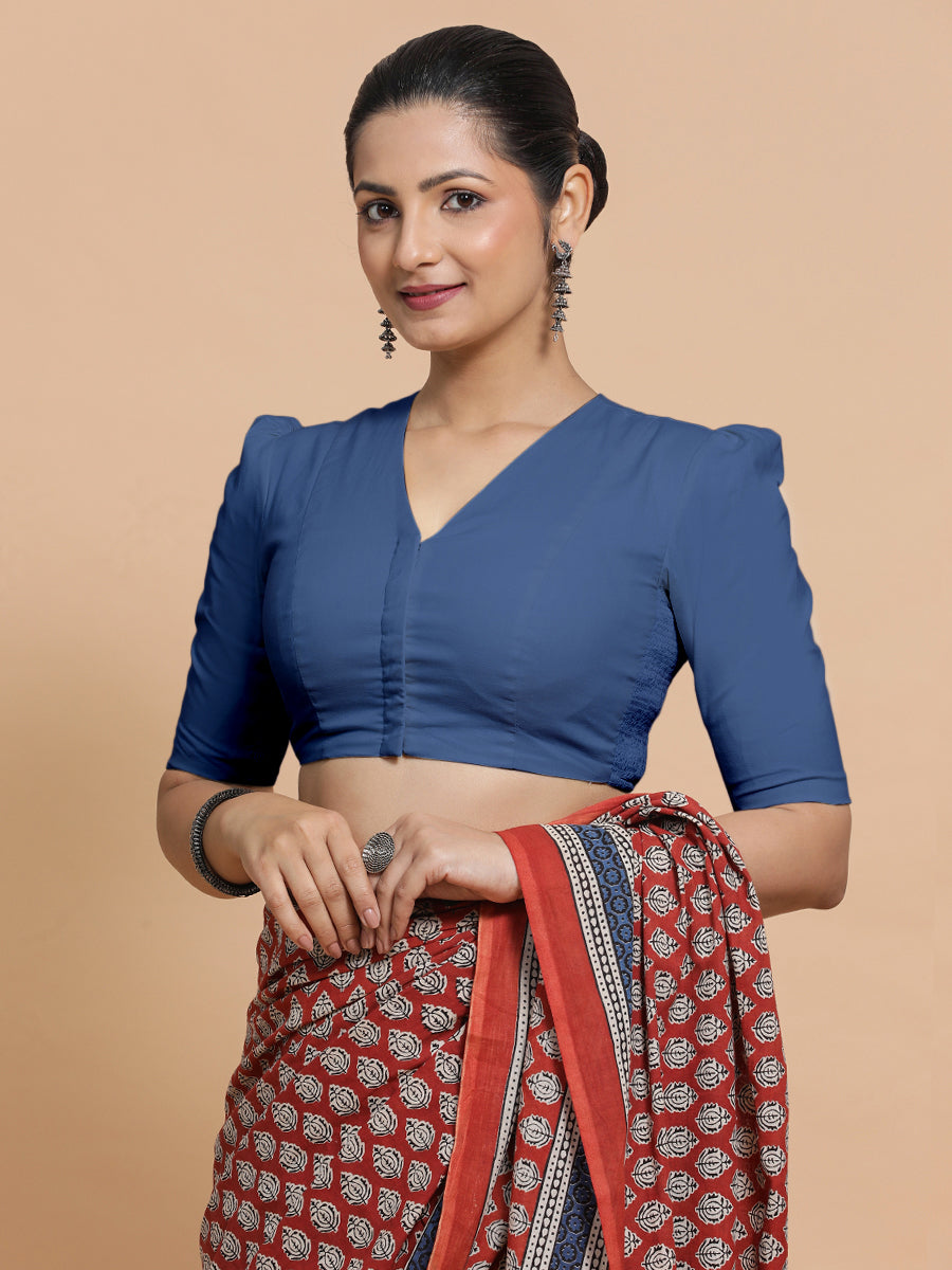Kriti x Rozaana Saree Blouse, in Blue 100% Cotton - Solid, featuring elbow sleeves and v-neckline, made for daily & work.