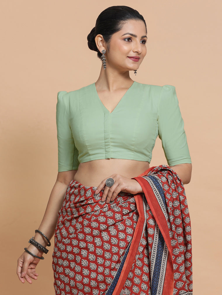 Kriti x Rozaana Saree Blouse, in Green Cotton, featuring elbow sleeves and v-neckline, made for daily & work.