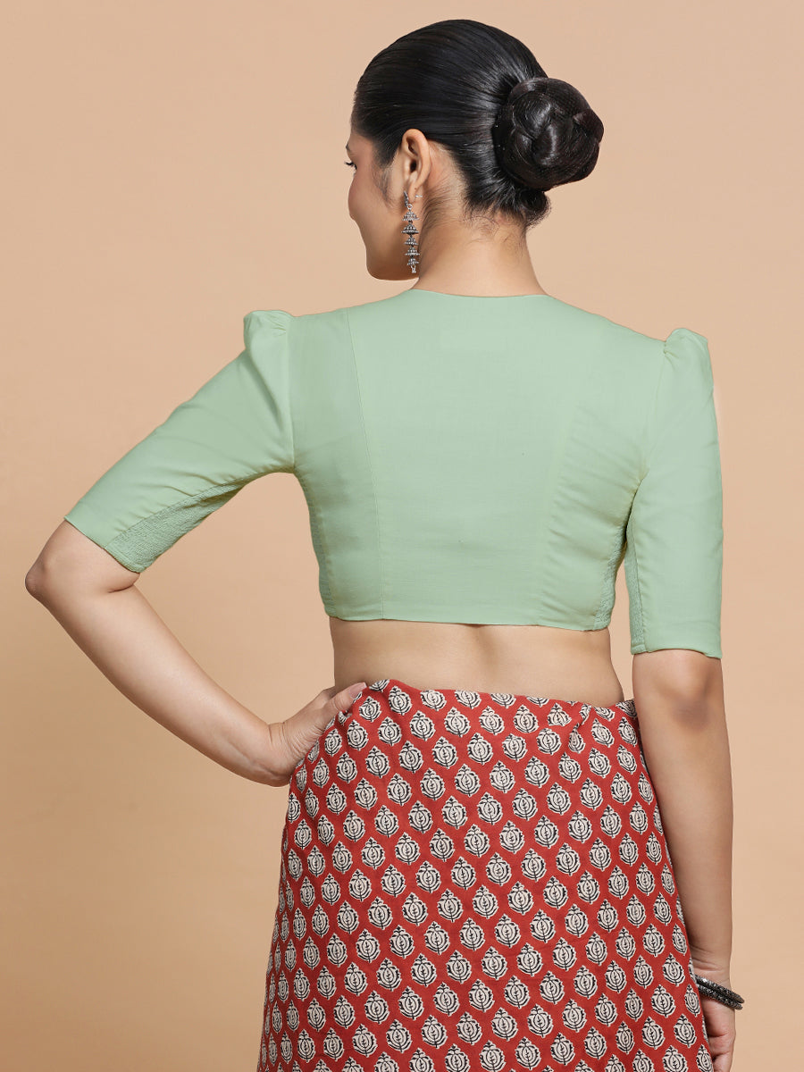 Kriti x Rozaana Saree Blouse, in Green Cotton, featuring elbow sleeves and v-neckline, made for daily & work (view 2).