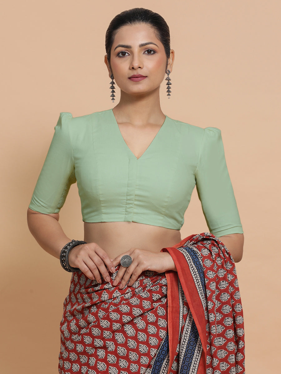 Kriti x Rozaana Saree Blouse, in Green Cotton, featuring elbow sleeves and v-neckline, made for daily & work (view 8).