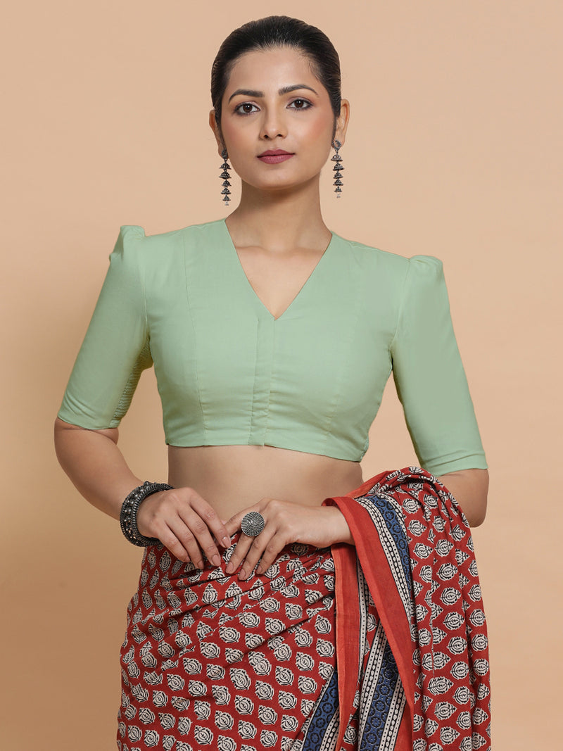 Kriti x Rozaana | V-Neck Light Sage Plain Cotton Saree Blouse-Binks