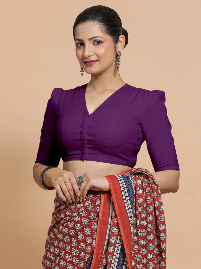 Kriti x Rozaana | V-Neck Magenta Bliss Plain Cotton Saree Blouse-Binks