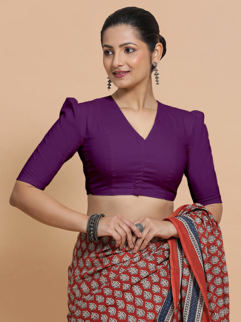 Kriti x Rozaana | V-Neck Magenta Bliss Plain Cotton Saree Blouse-Binks