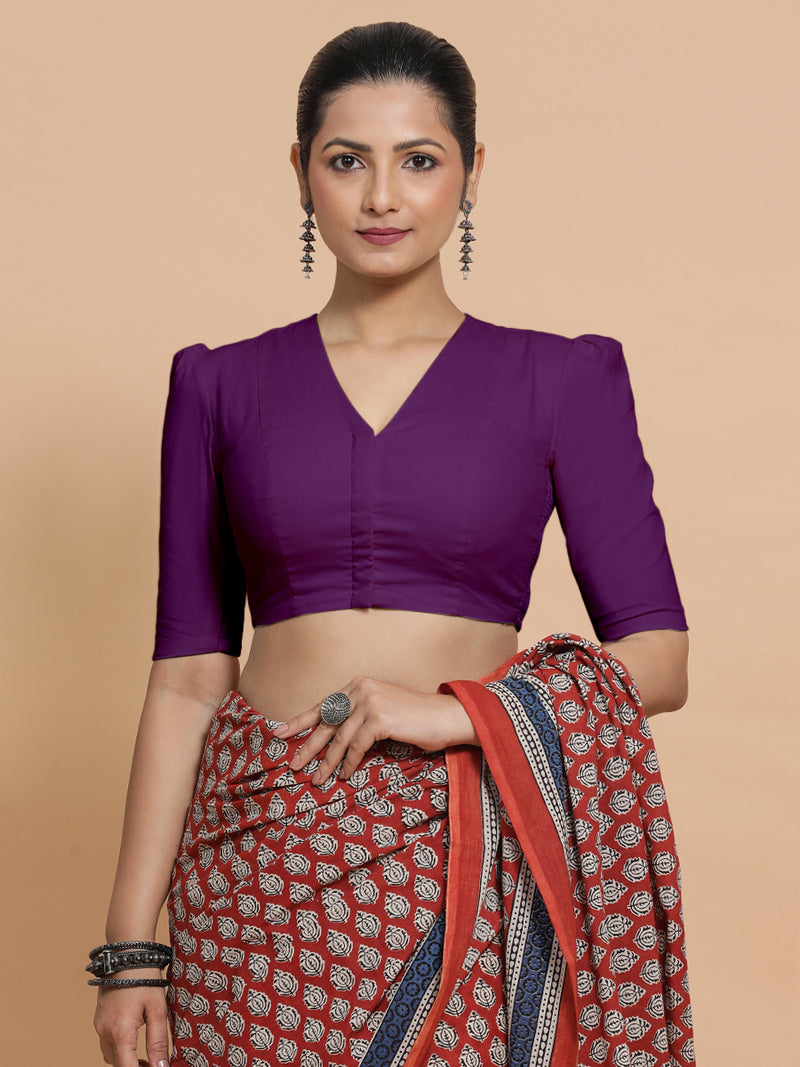 Kriti x Rozaana | V-Neck Magenta Bliss Plain Cotton Saree Blouse-Binks