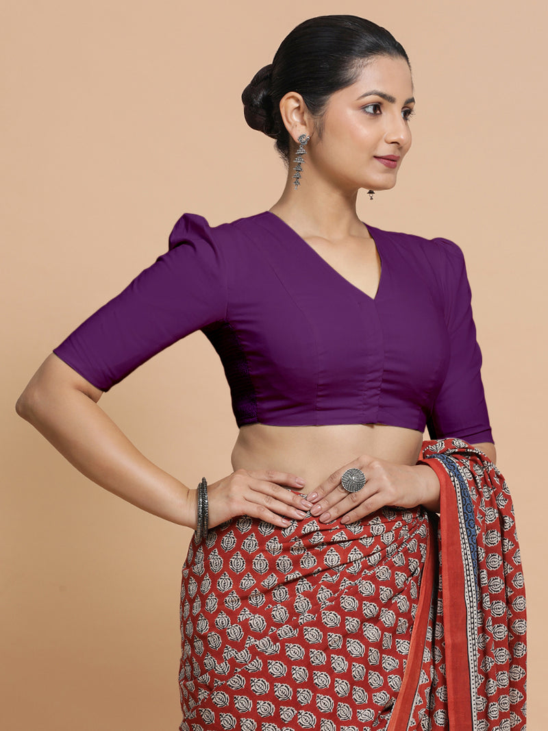 Kriti x Rozaana | V-Neck Magenta Bliss Plain Cotton Saree Blouse-Binks