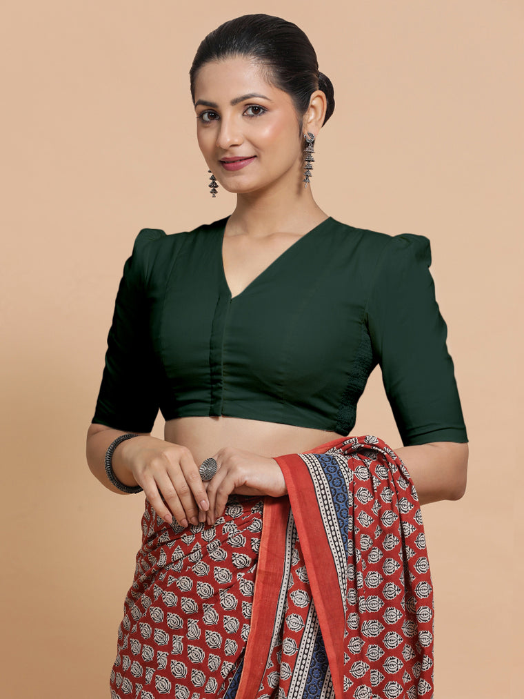 Kriti x Rozaana Saree Blouse, in Green Cotton, featuring elbow sleeves and v-neckline, made for daily & work.