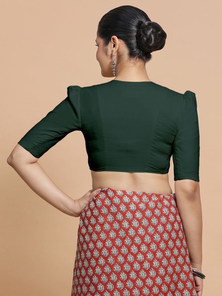 Kriti x Rozaana Saree Blouse, in Green Cotton, featuring elbow sleeves and v-neckline, made for daily & work (view 2).