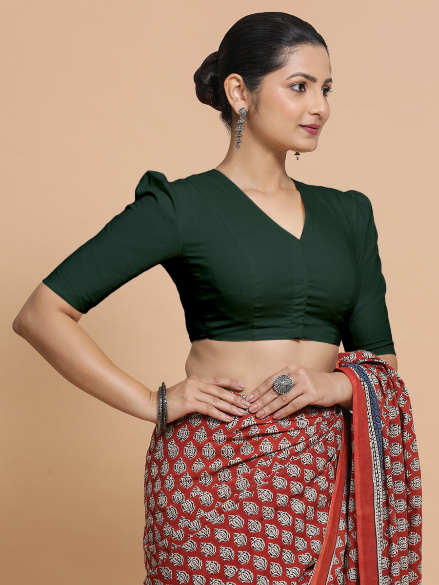Kriti x Rozaana Saree Blouse, in Green Cotton, featuring elbow sleeves and v-neckline, made for daily & work (view 8).
