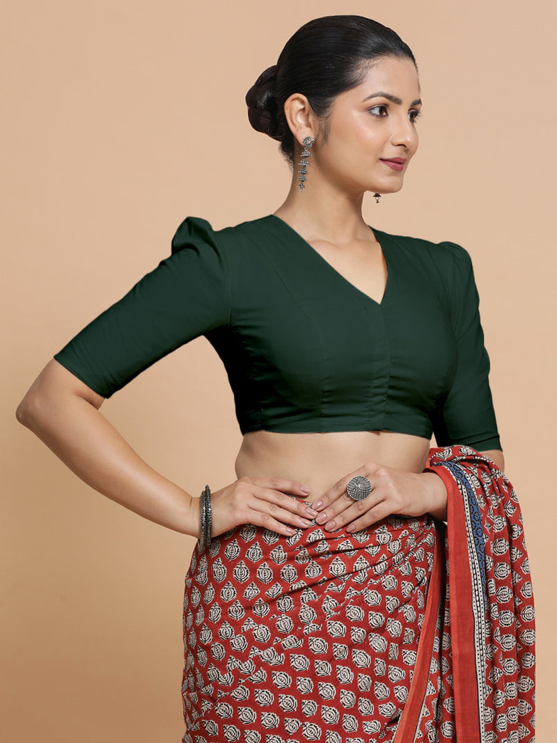 Kriti x Rozaana | V-Neck Moss Green Plain Cotton Saree Blouse-Binks