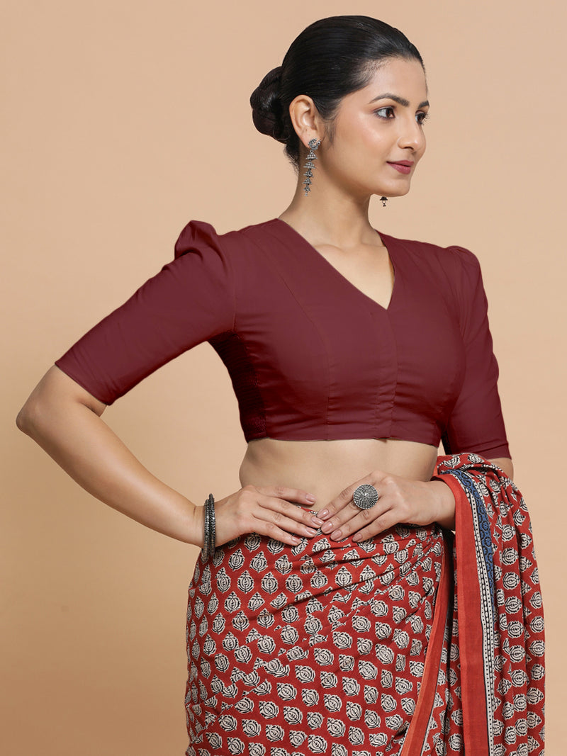 Kriti x Rozaana | V-Neck Royal Maroon Plain Cotton Saree Blouse-Binks