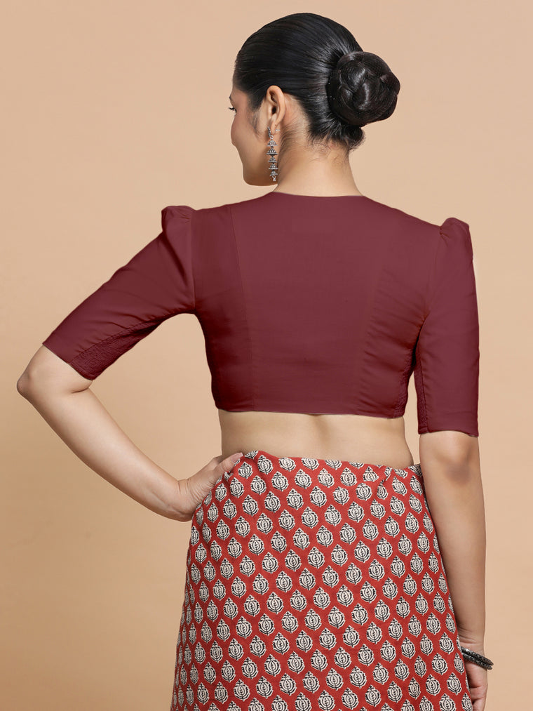 Kriti x Rozaana Saree Blouse, in Maroon Cotton, featuring elbow sleeves and v-neckline, made for daily & work (view 2).