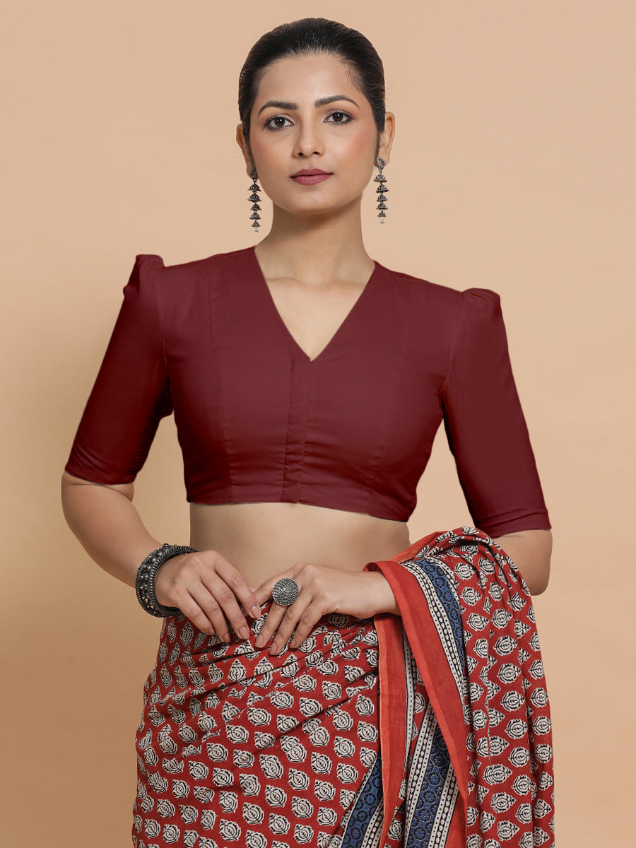 Kriti x Rozaana Saree Blouse, in Maroon Cotton, featuring elbow sleeves and v-neckline, made for daily & work (view 5).