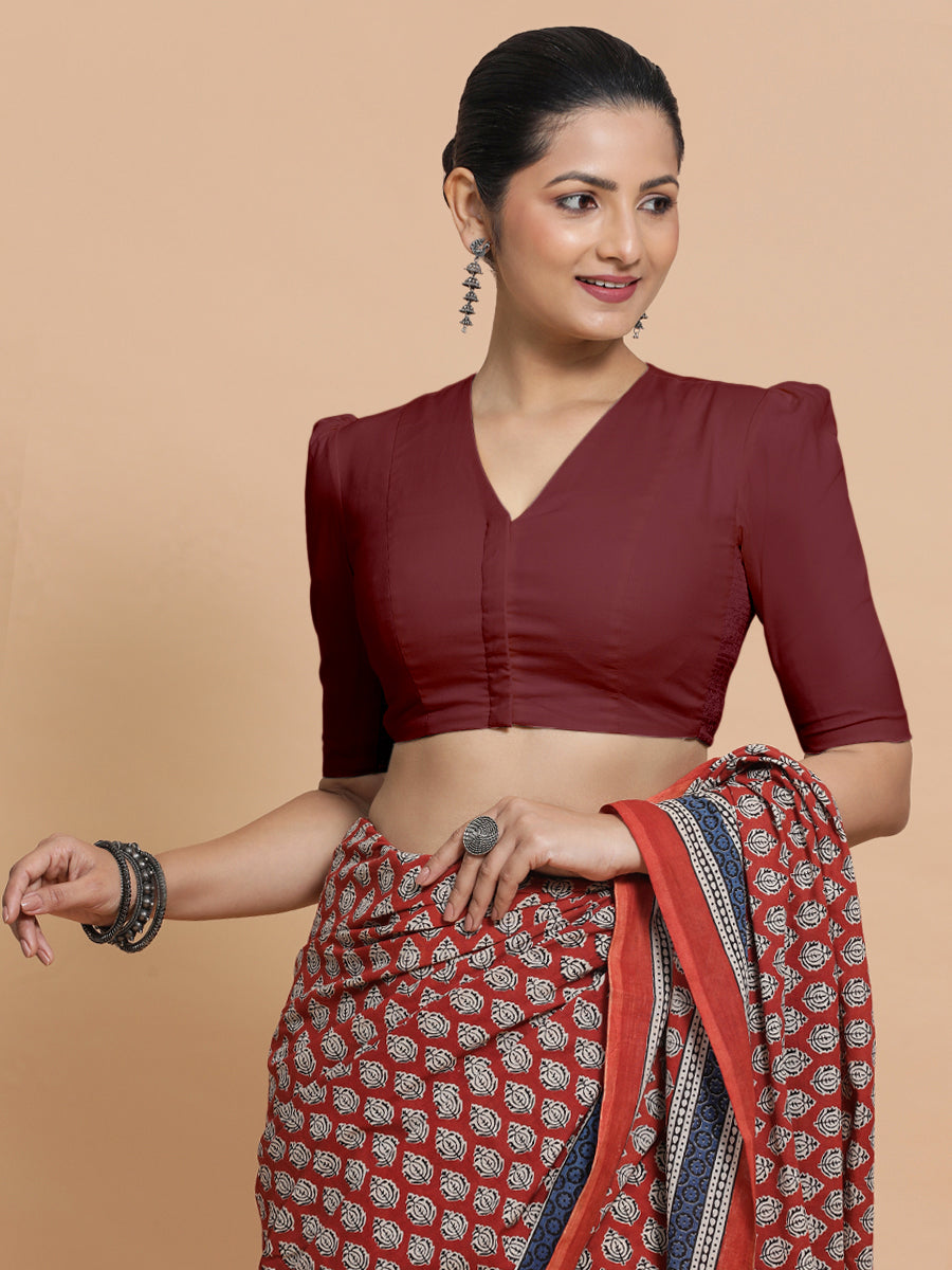 Kriti x Rozaana Saree Blouse, in Maroon Cotton, featuring elbow sleeves and v-neckline, made for daily & work (view 6).