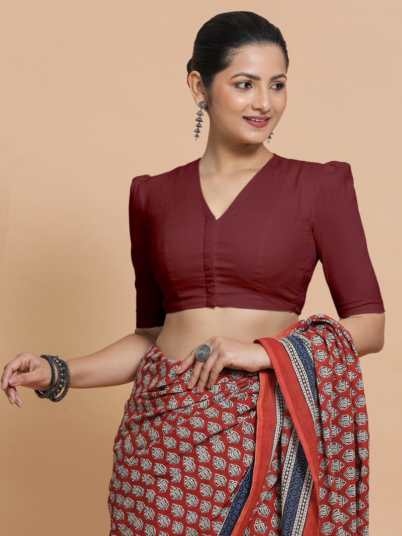 Kriti x Rozaana | V-Neck Royal Maroon Plain Cotton Saree Blouse-Binks