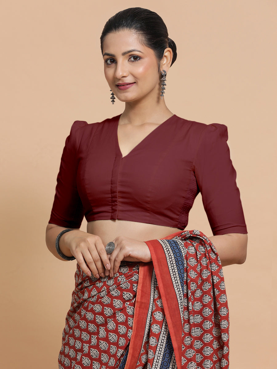 Kriti x Rozaana Saree Blouse, in Maroon Cotton, featuring elbow sleeves and v-neckline, made for daily & work (view 7).
