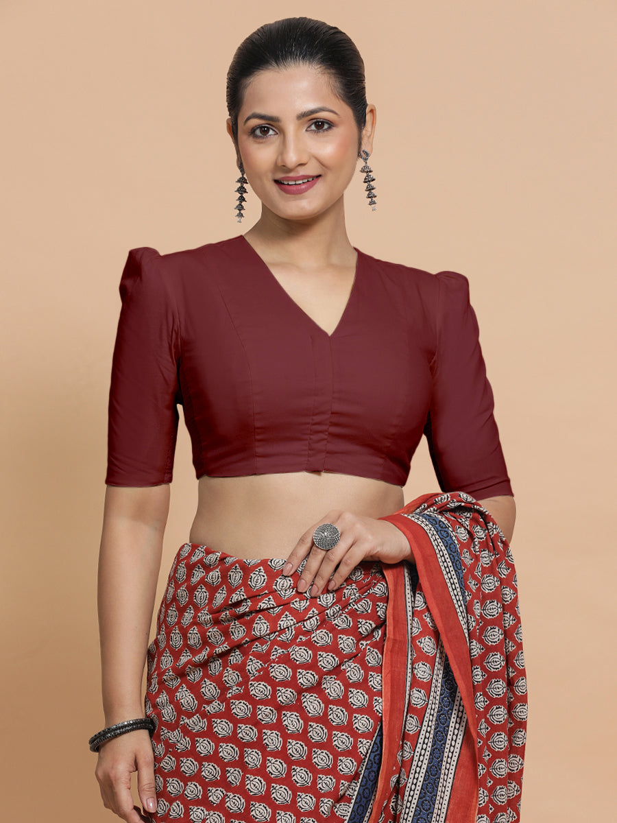 Kriti x Rozaana Saree Blouse, in Maroon Cotton, featuring elbow sleeves and v-neckline, made for daily & work (view 8).