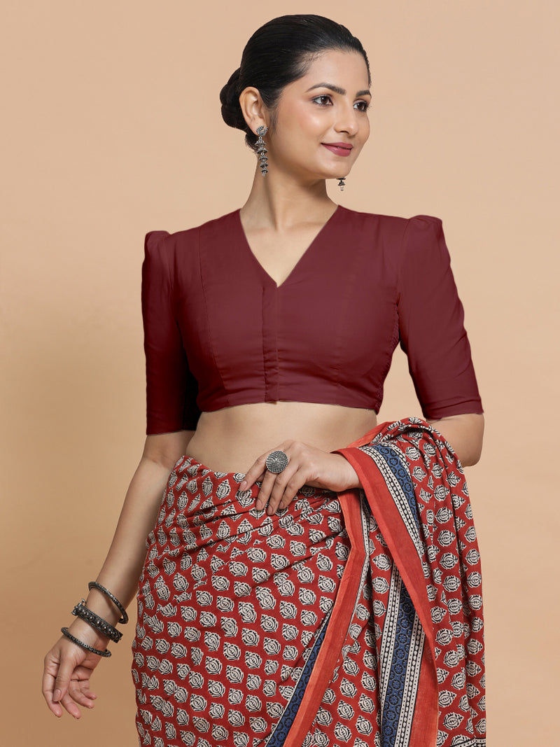 Kriti x Rozaana | V-Neck Royal Maroon Plain Cotton Saree Blouse-Binks