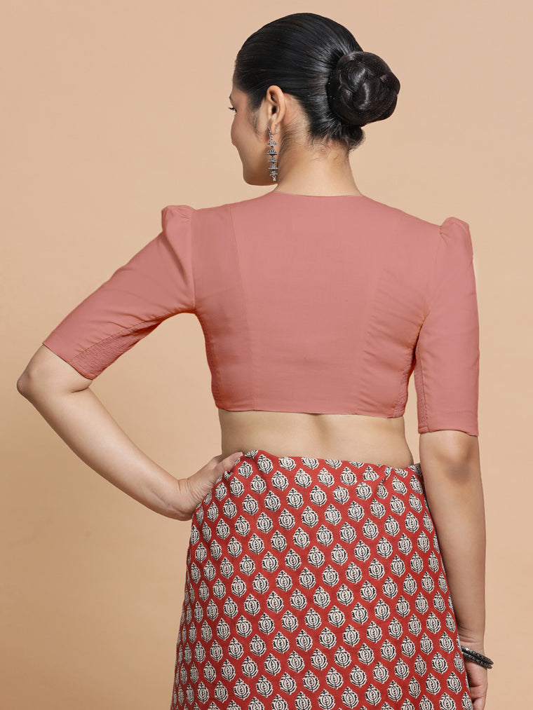 Kriti x Rozaana Saree Blouse, in Peach Cotton, featuring elbow sleeves and v-neckline, made for daily & work (view 2).