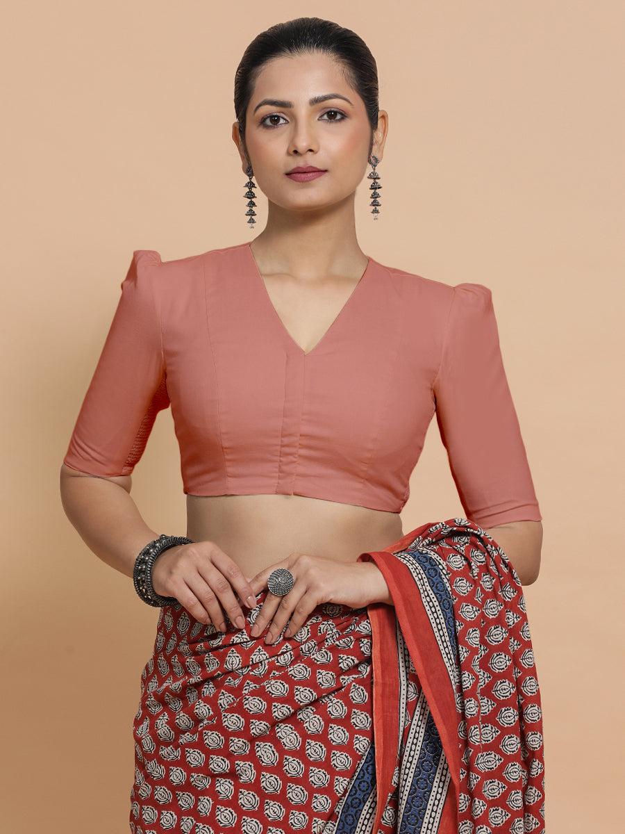 Kriti x Rozaana Saree Blouse, in Peach Cotton, featuring elbow sleeves and v-neckline, made for daily & work (view 5).