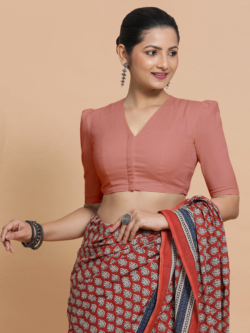 Kriti x Rozaana | V-Neck Soft Peach Plain Cotton Saree Blouse-Binks