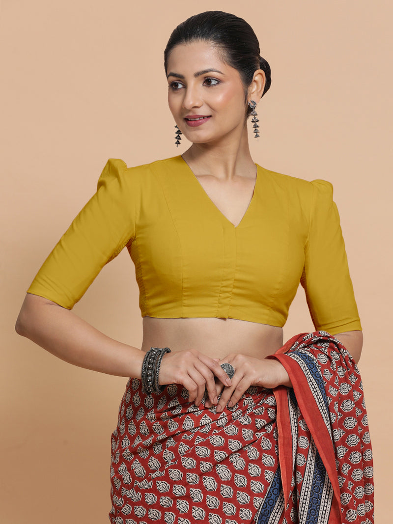 Kriti x Rozaana | V-Neck Sunny Yellow Plain Cotton Saree Blouse-Binks