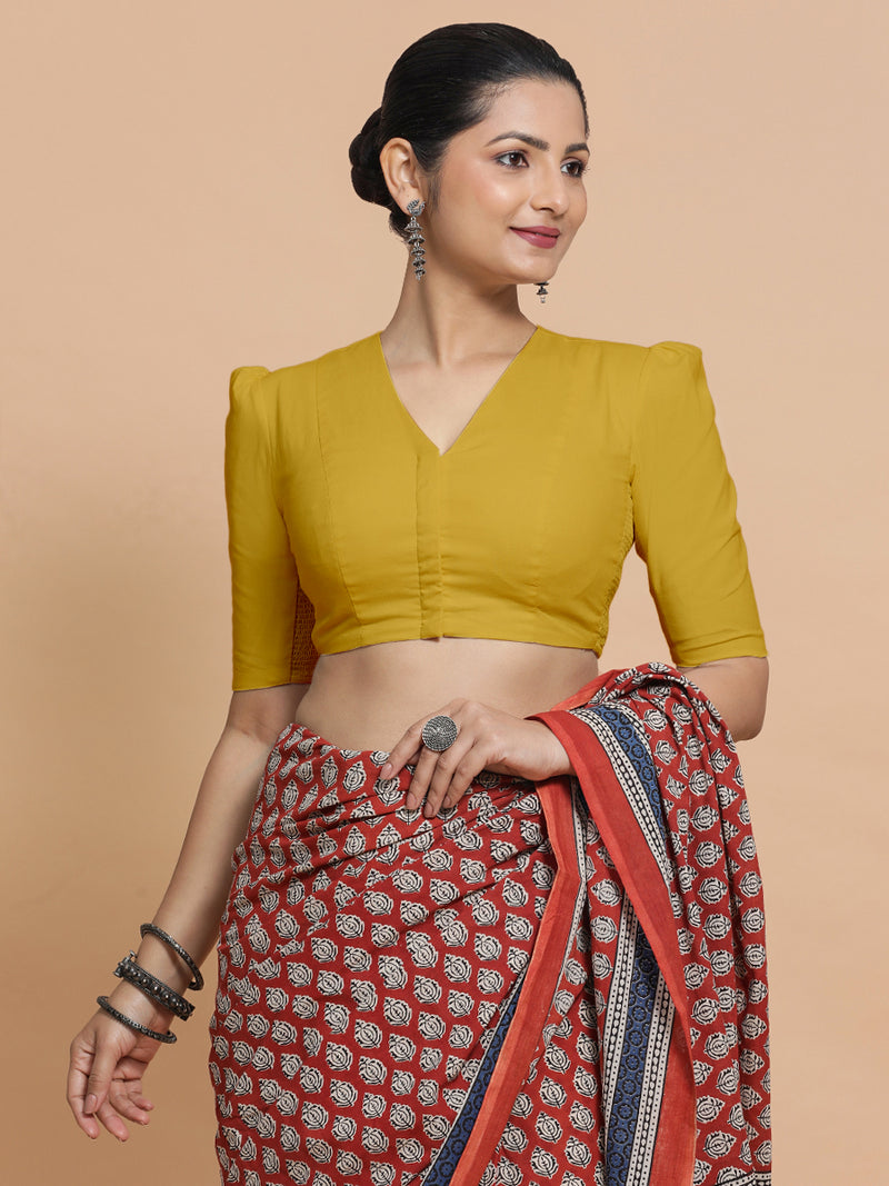 Kriti x Rozaana | V-Neck Sunny Yellow Plain Cotton Saree Blouse-Binks