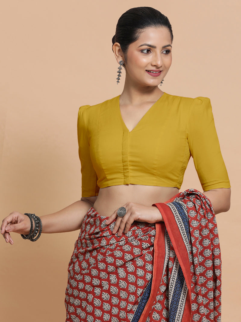 Kriti x Rozaana | V-Neck Sunny Yellow Plain Cotton Saree Blouse-Binks