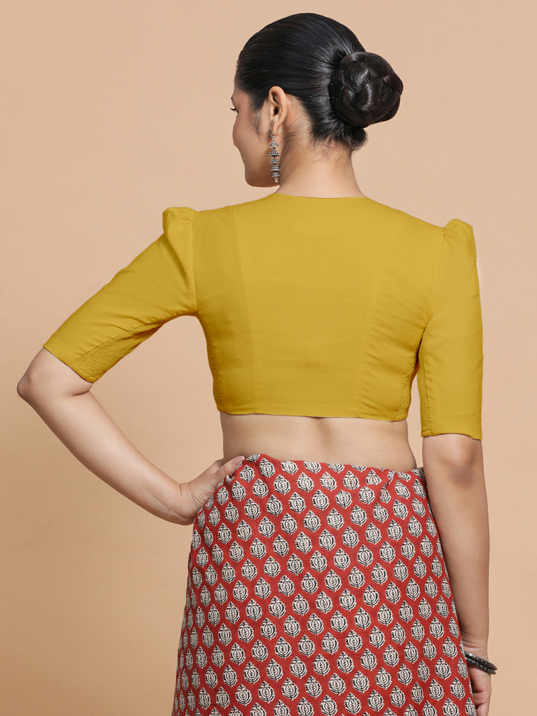 Kriti x Rozaana Saree Blouse, in Yellow Cotton, featuring elbow sleeves and v-neckline, made for daily & work (view 2).