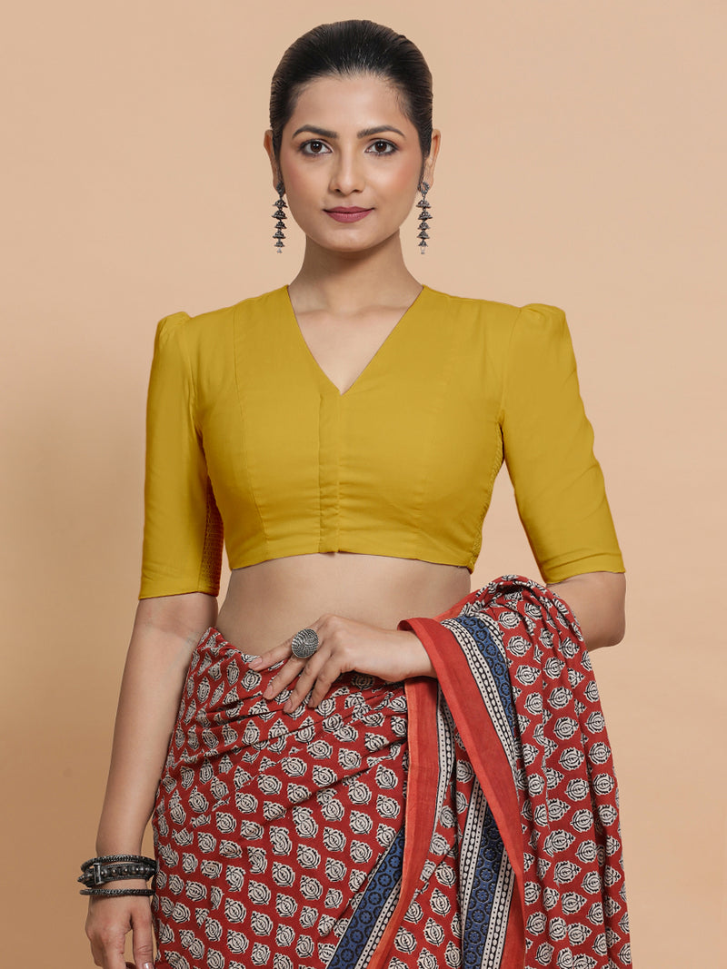 Kriti x Rozaana | V-Neck Sunny Yellow Plain Cotton Saree Blouse-Binks