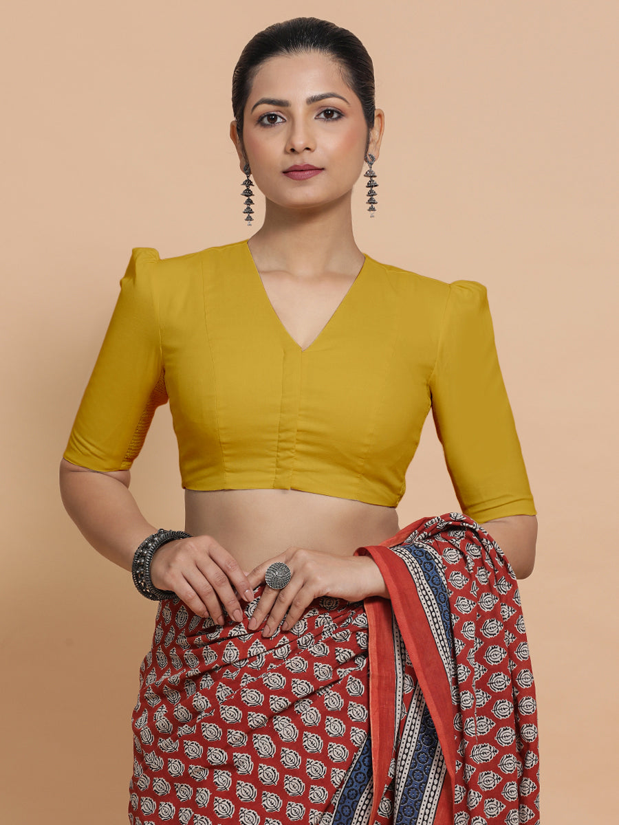 Kriti x Rozaana Saree Blouse, in Yellow Cotton, featuring elbow sleeves and v-neckline, made for daily & work (view 6).